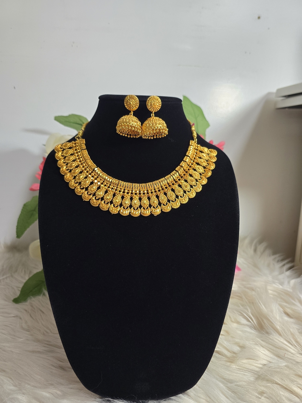 Gold-Tone Traditional Necklace and Jhumka Earring Set - Women Jewelry